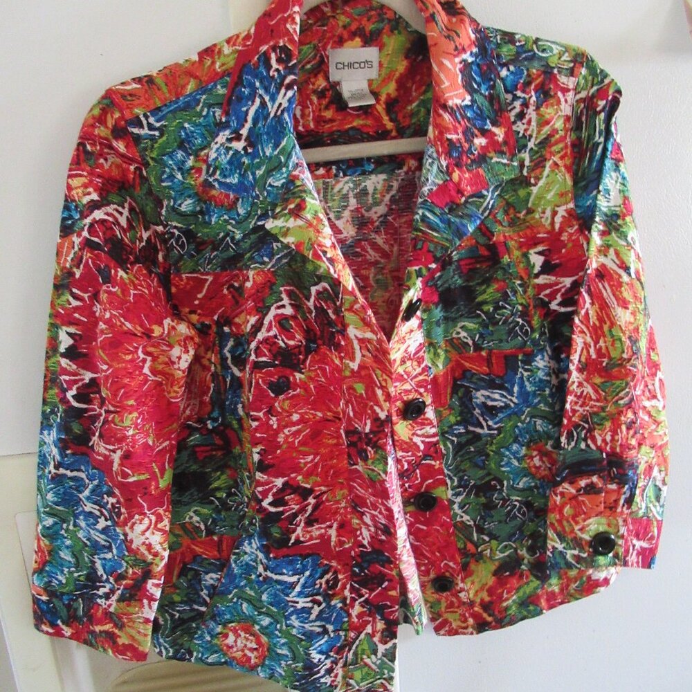 Chico's cotton SiLK Jacket Art to Wear button shacket 0 xs crop